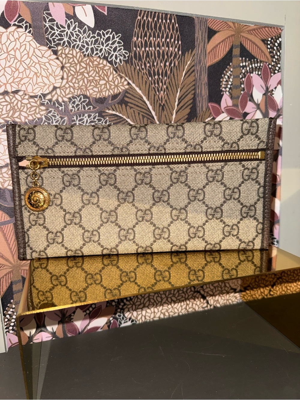 Gucci Beige GG Supreme Canvas Zip Pouch with Gold-Tone Charm